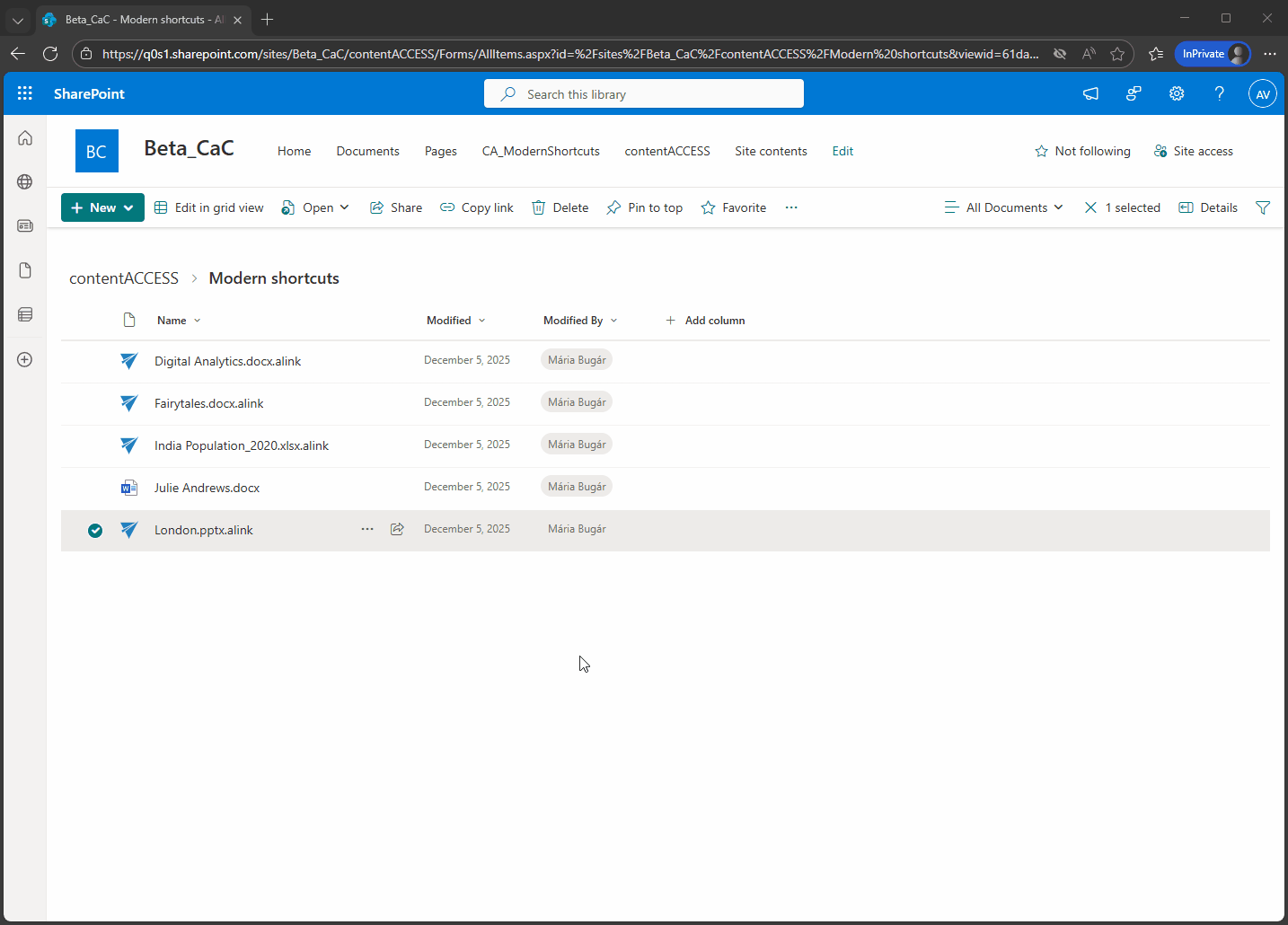 SharePoint modern shortcuts