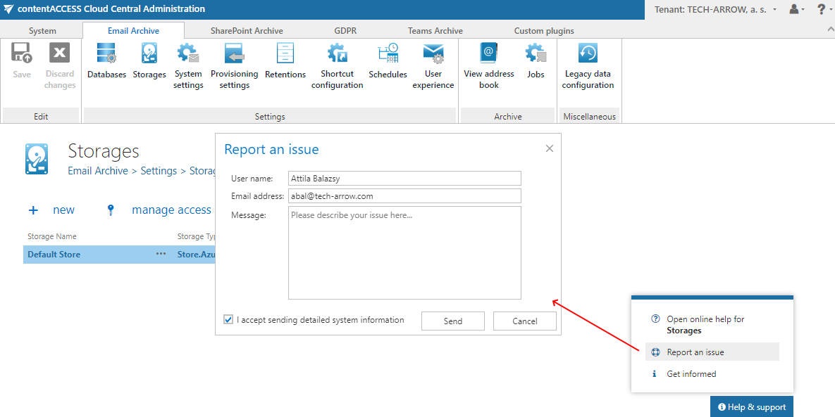 Report an issue directly from Central Administration