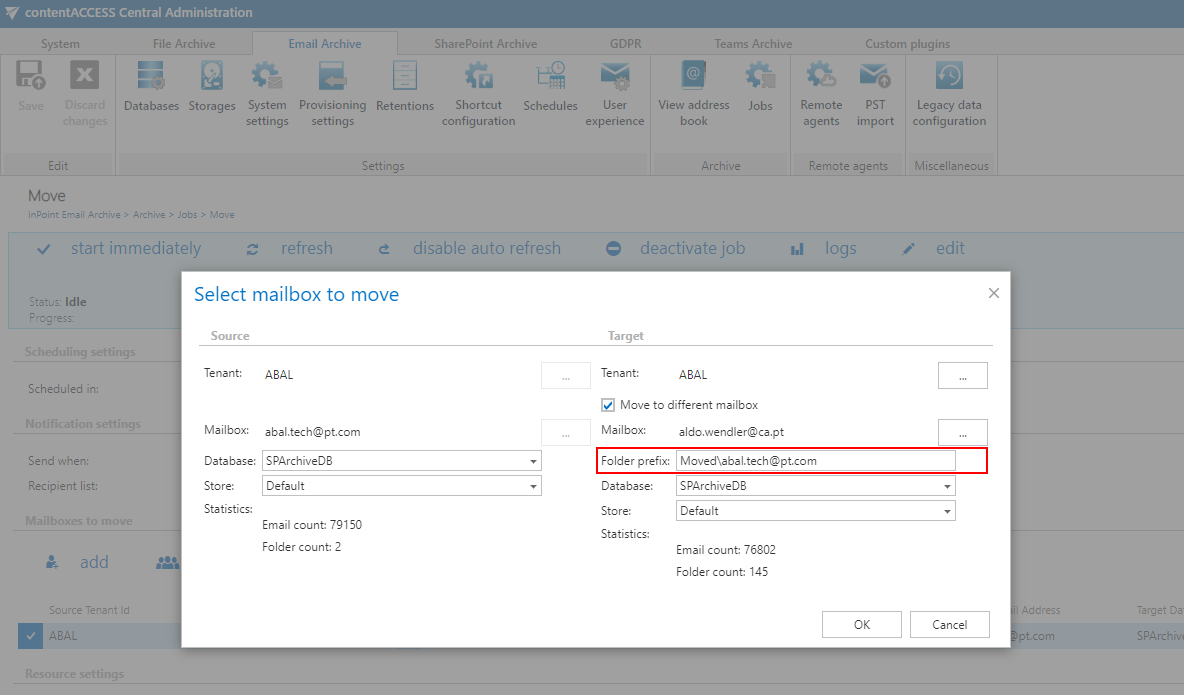 Email archive mailbox move folder prefix