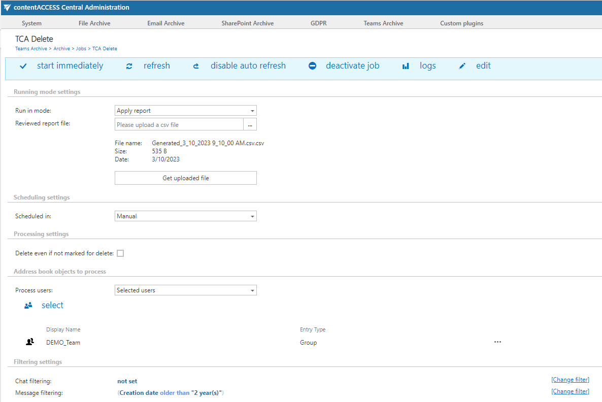 Teams chat archive delete job