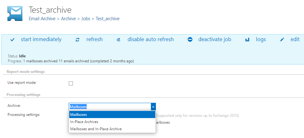 EmailArchive processing settings