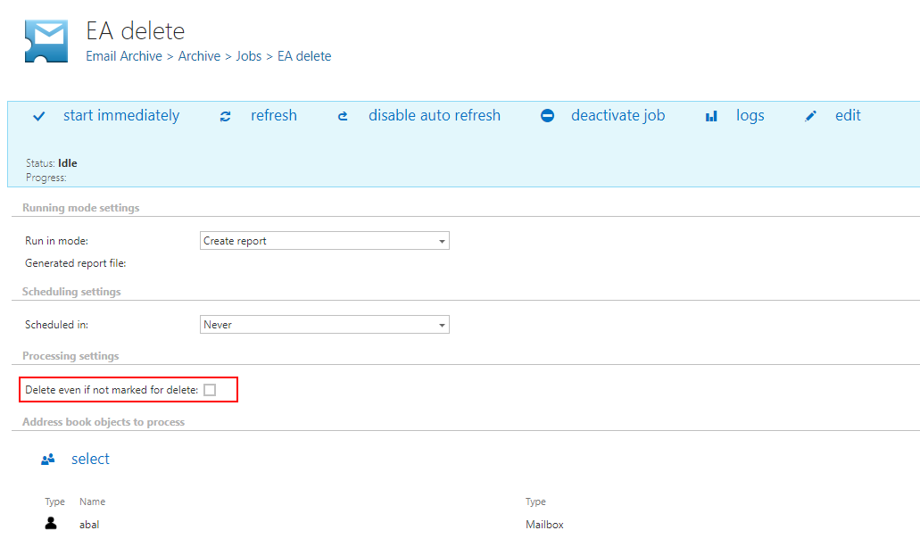 EmailArchive delete job settings