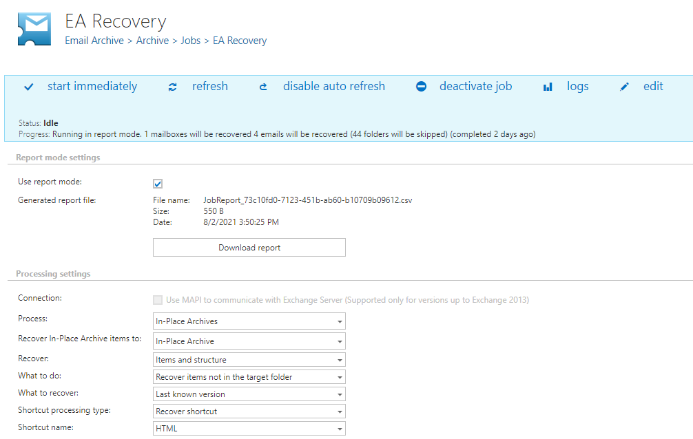 EmailArchive recovery settings