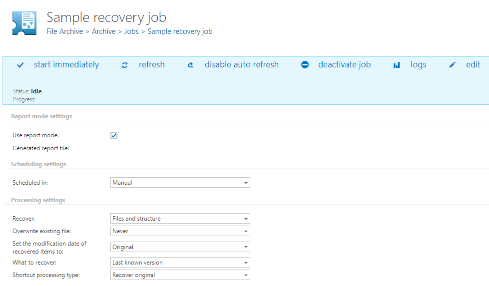 FileSystem archive recovery settings