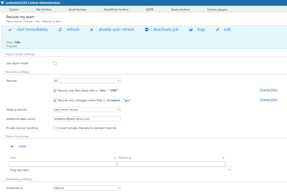 Teams archive recovery settings